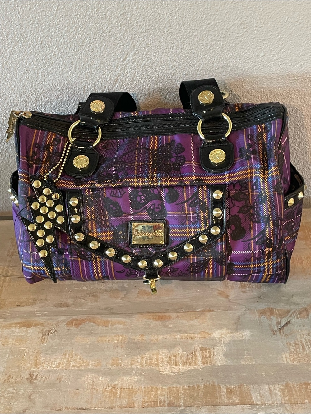 Vintage Betseyville Purple Plaid Studded, Lace Satchel
